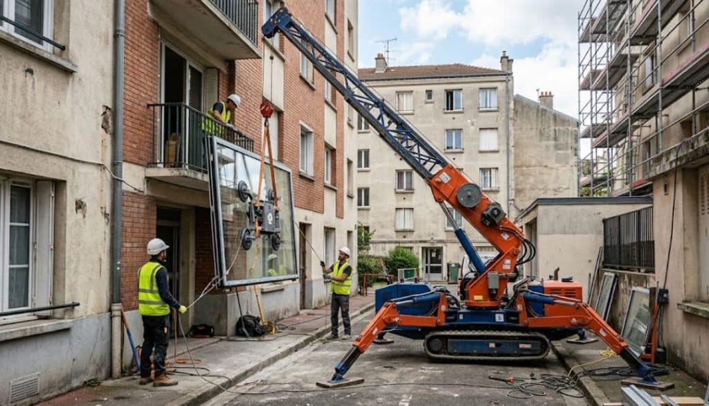 Intervention de grue araignée pour levage de vitrage en façade dans un immeuble en Seine-Saint-Denis