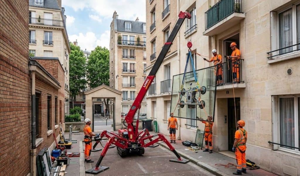 Intervention de grue araignée pour hissage de vitrage lourd en cour intérieure dans les Hauts-de-Seine