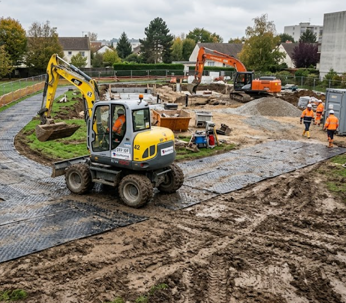 Plaques de roulage installées pour créer un accès chantier