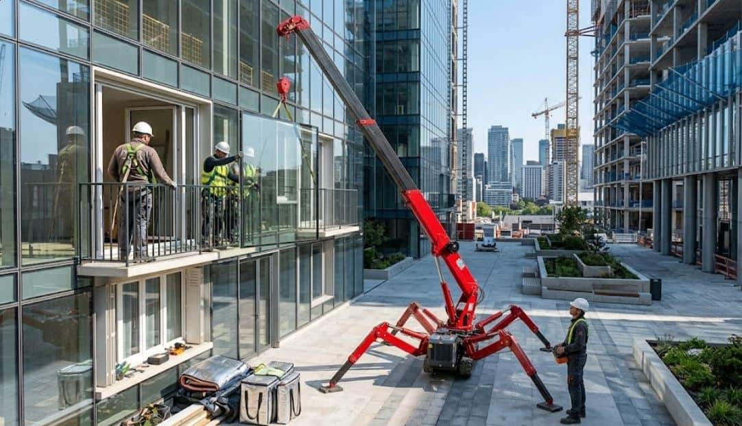Intervention de grue araignée pour levage de vitrage en façade dans les Yvelines