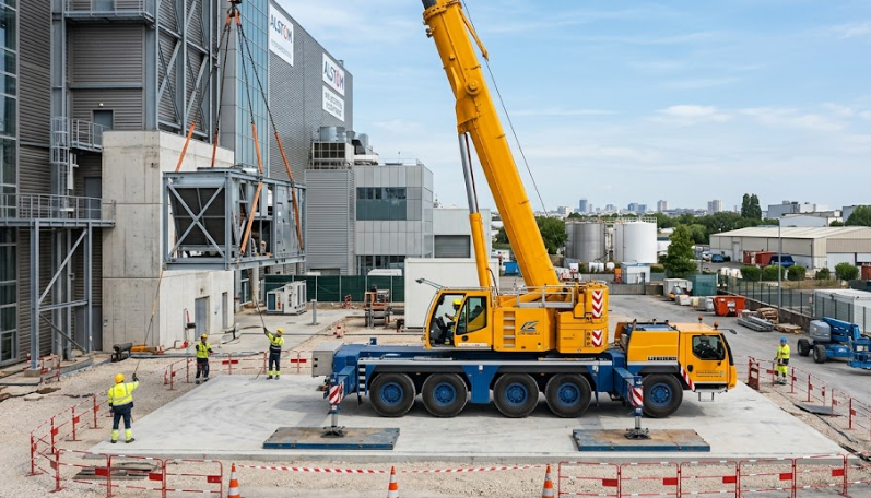 Grue mobile LIEBHERR LTR 1160 en levage sur chantier urbain en Île-de-France