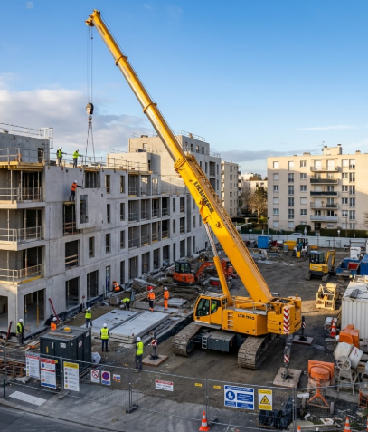 Grue mobile 60 tonnes LIEBHERR LTR 1160 en intervention de levage en Île-de-France